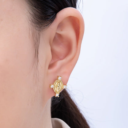 16K Gold Filled 16mm Micro Paved CZ Mother Mary Oval Religious Stud Earrings | Earrings-00348