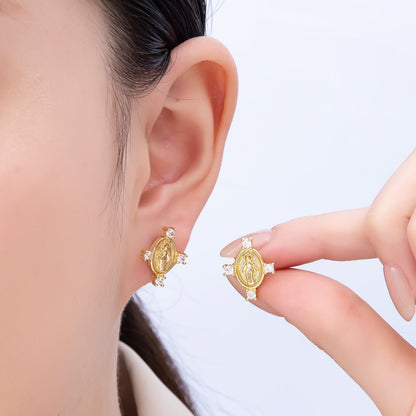 16K Gold Filled 16mm Micro Paved CZ Mother Mary Oval Religious Stud Earrings | Earrings-00348