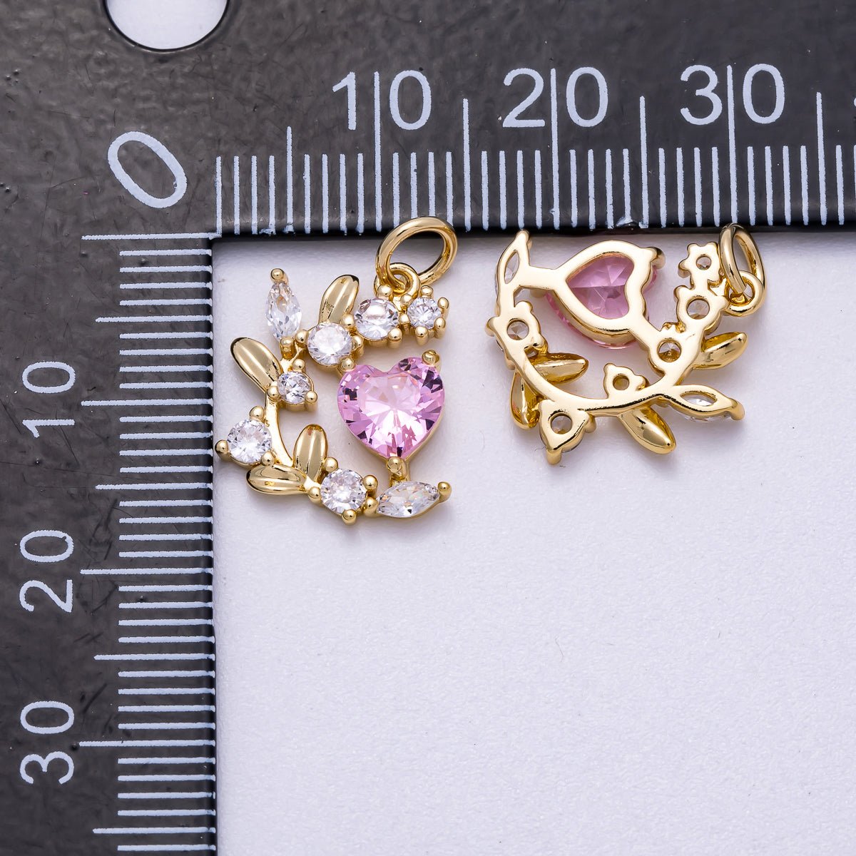 16K Gold Filled 16mm Pink Heart CZ Curved Leaf Flower Charm | Charms-00539