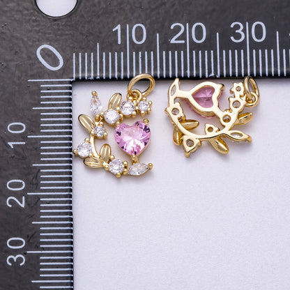 16K Gold Filled 16mm Pink Heart CZ Curved Leaf Flower Charm | Charms-00539