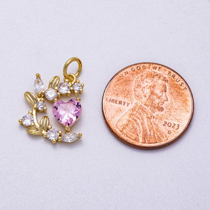 16K Gold Filled 16mm Pink Heart CZ Curved Leaf Flower Charm | Charms-00539