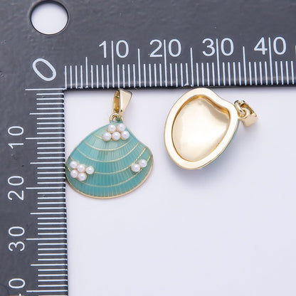 16K Gold Filled 16mm Shell Pearl Blue Enamel Clam Sea Shell Pendant | Charms-00949