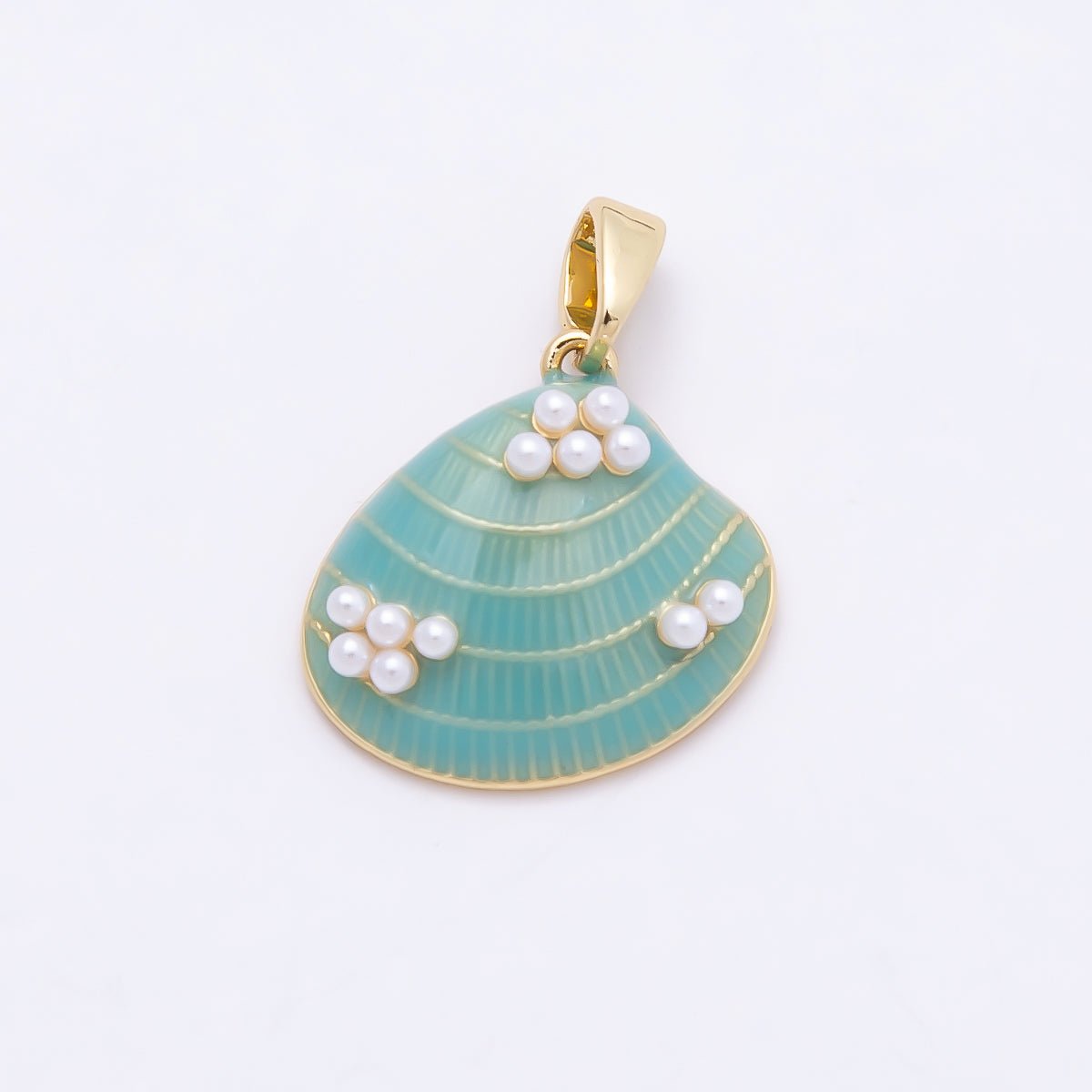 16K Gold Filled 16mm Shell Pearl Blue Enamel Clam Sea Shell Pendant | Charms-00949