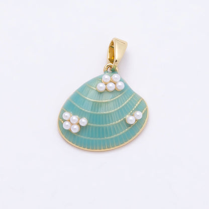 16K Gold Filled 16mm Shell Pearl Blue Enamel Clam Sea Shell Pendant | Charms-00949