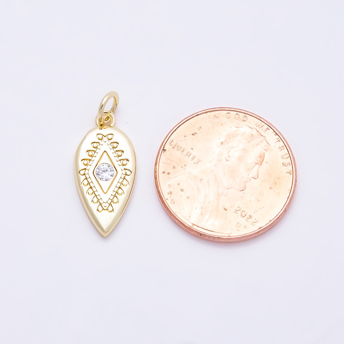 16K Gold Filled 17.5mm Clear CZ Evil Eye Artisan Sphere Arrow Charm | Charms-00857