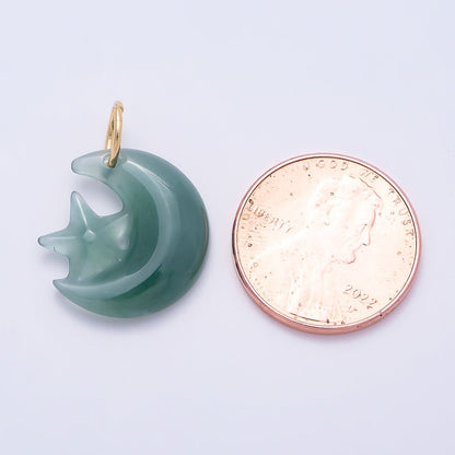 16K Gold Filled 17.5mm Green Aventurine Celestial Star Crescent Moon Gemstone Charm | Charms-01475