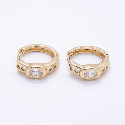 16K Gold Filled 17mm Clear CZ Oval Dotted Huggie Earrings | Earrings-00412