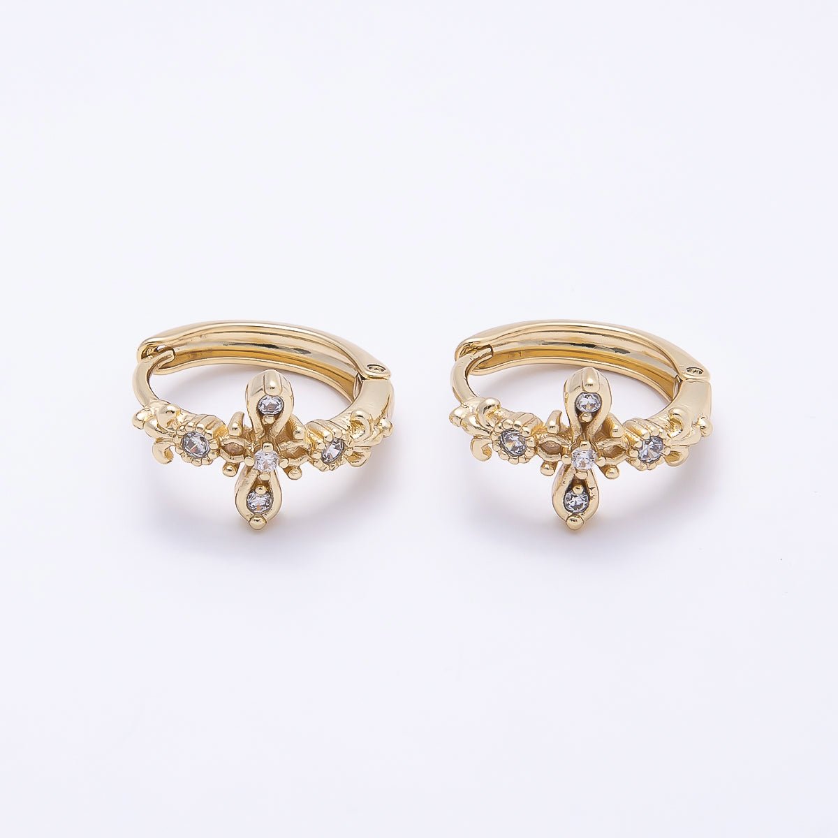 16K Gold Filled 17mm Clear CZ Religious Passion Cross Huggie Earrings | Earrings-00446