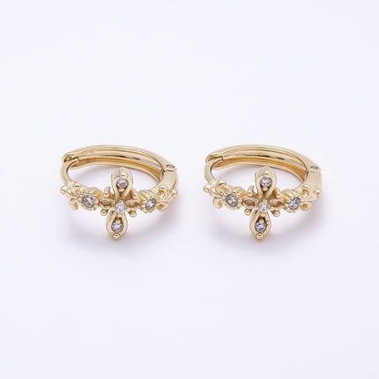 16K Gold Filled 17mm Clear CZ Religious Passion Cross Huggie Earrings | Earrings-00446