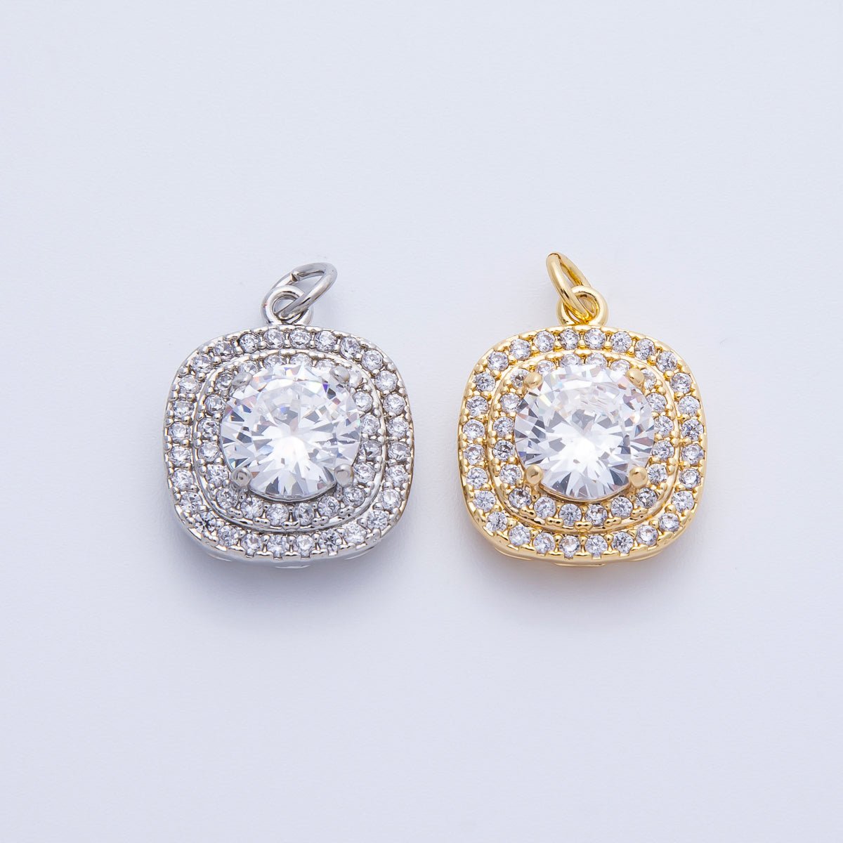 16K Gold Filled 17mm Clear Micro Paved CZ Round Square Charm in Gold &amp; Silver | Charms-00289 Charms-00290