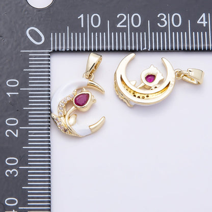 16K Gold Filled 17mm Fuchsia CZ Micro Paved Flower White Crescent Moon Pendant | Charms-00947