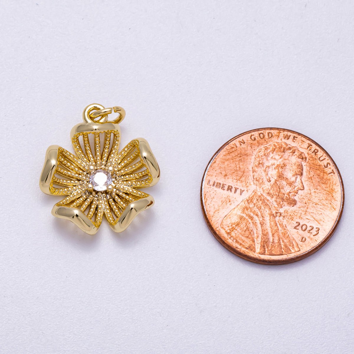 16K Gold Filled 17mm Micro Paved CZ Dotted Blooming Flower Charm | Charms-00630
