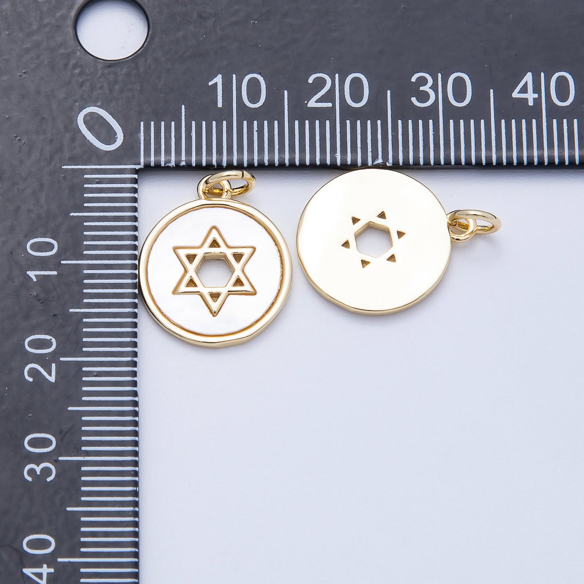 16K Gold Filled 17mm Open Star of David Shell Pearl Round Charm | Charms-00663