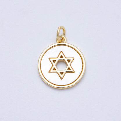 16K Gold Filled 17mm Open Star of David Shell Pearl Round Charm | Charms-00663