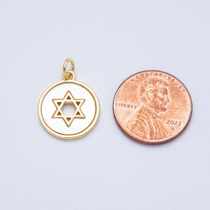16K Gold Filled 17mm Open Star of David Shell Pearl Round Charm | Charms-00663