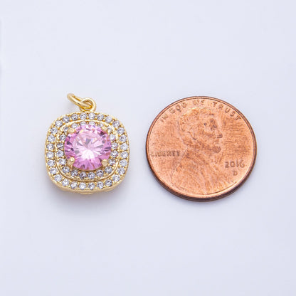 16K Gold Filled 17mm Pink Round Clear Micro Paved CZ Square Charm in Gold &amp; Silver | Charms-00291 Charms-00292