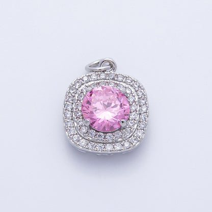 16K Gold Filled 17mm Pink Round Clear Micro Paved CZ Square Charm in Gold &amp; Silver | Charms-00291 Charms-00292