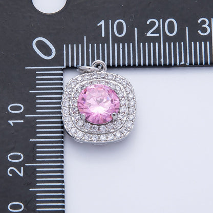 16K Gold Filled 17mm Pink Round Clear Micro Paved CZ Square Charm in Gold &amp; Silver | Charms-00291 Charms-00292