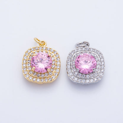16K Gold Filled 17mm Pink Round Clear Micro Paved CZ Square Charm in Gold &amp; Silver | Charms-00291 Charms-00292