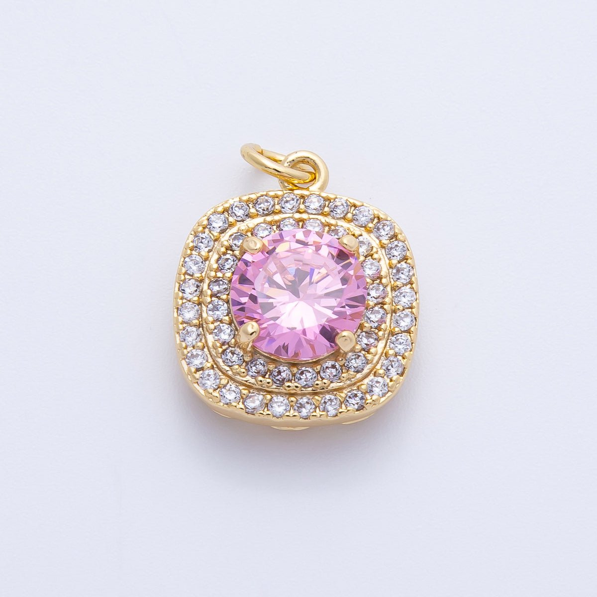 16K Gold Filled 17mm Pink Round Clear Micro Paved CZ Square Charm in Gold &amp; Silver | Charms-00291 Charms-00292