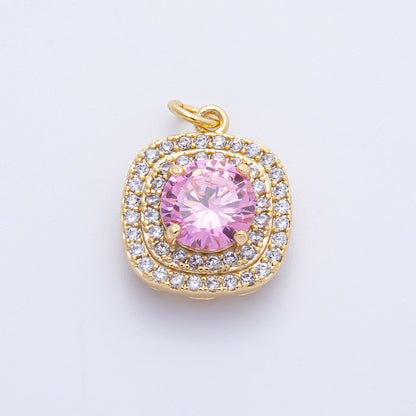 16K Gold Filled 17mm Pink Round Clear Micro Paved CZ Square Charm in Gold &amp; Silver | Charms-00291 Charms-00292