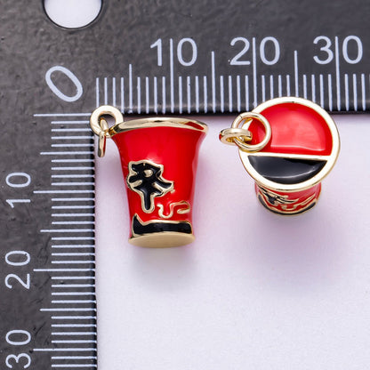 16K Gold Filled 17mm Red Enamel Ramen Instant Noodle Cup 3D Multidimensional Charm | Charms-00569