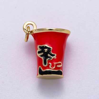 16K Gold Filled 17mm Red Enamel Ramen Instant Noodle Cup 3D Multidimensional Charm | Charms-00569
