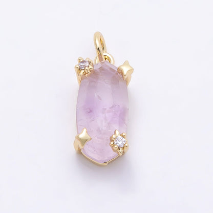 16K Gold Filled 17mm Rose Quartz, Amethyst, Citrine Multifaceted Oval Gemstone CZ Pendant | Charms-01009 - Charms-01011