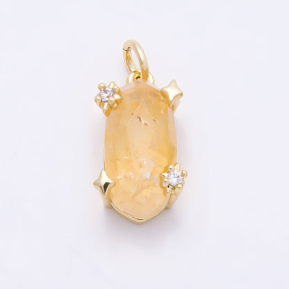 16K Gold Filled 17mm Rose Quartz, Amethyst, Citrine Multifaceted Oval Gemstone CZ Pendant | Charms-01009 - Charms-01011