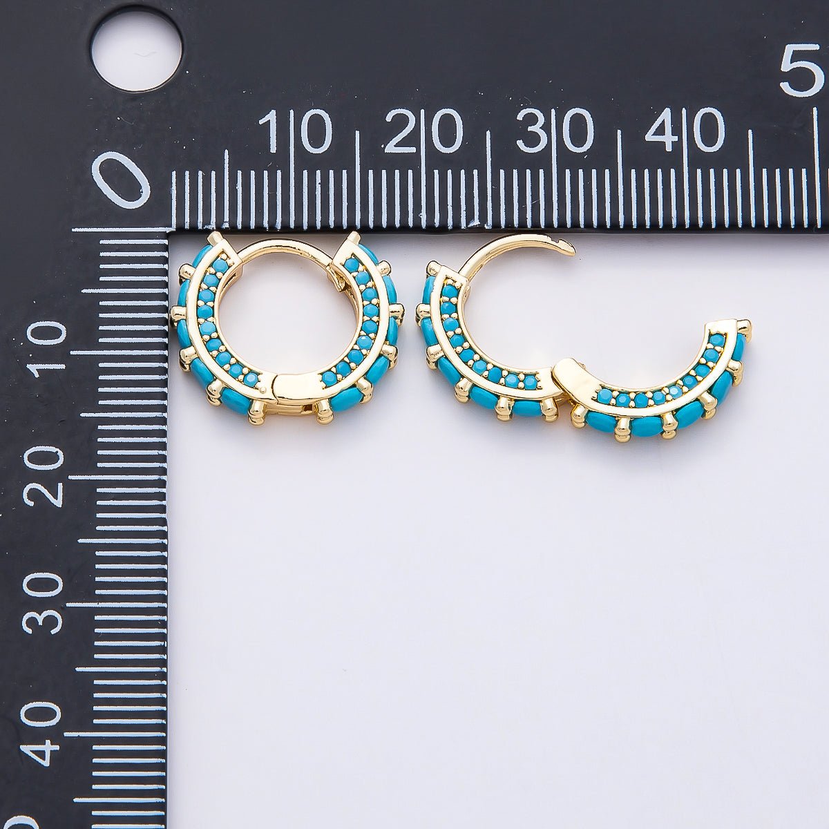 16K Gold Filled 15mm Turquoise Micro Paved Round Huggie Earrings | Earrings-00367