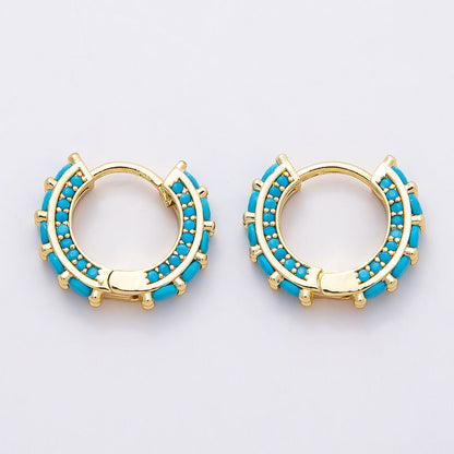 16K Gold Filled 15mm Turquoise Micro Paved Round Huggie Earrings | Earrings-00367