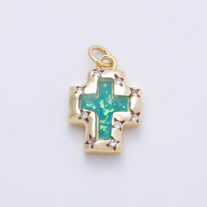 16K Gold Filled 17mm Teal Opal Clear CZ Star Dotted Bezel Religious Cross Charm | Charms-01247