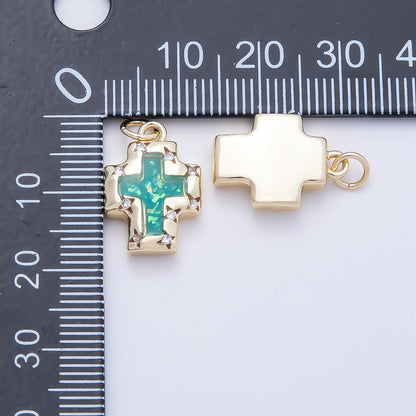 16K Gold Filled 17mm Teal Opal Clear CZ Star Dotted Bezel Religious Cross Charm | Charms-01247