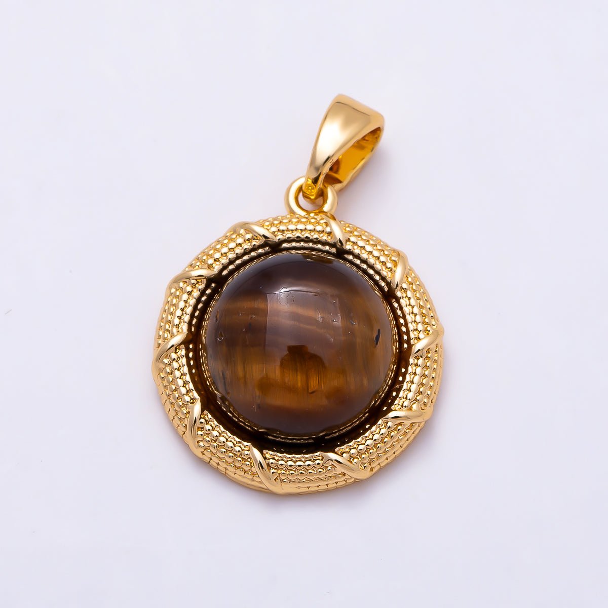 16K Gold Filled 17mm Tiger Eye Cabochon Dotted Lined Bezel Round Pendant | Charms-01499