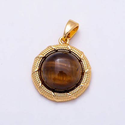 16K Gold Filled 17mm Tiger Eye Cabochon Dotted Lined Bezel Round Pendant | Charms-01499