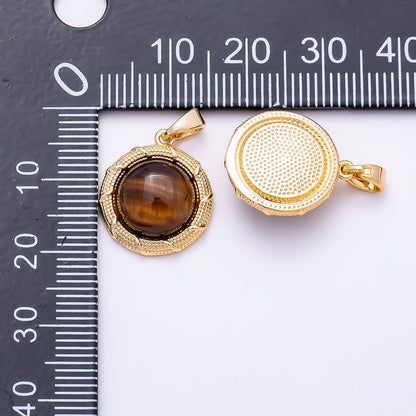 16K Gold Filled 17mm Tiger Eye Cabochon Dotted Lined Bezel Round Pendant | Charms-01499