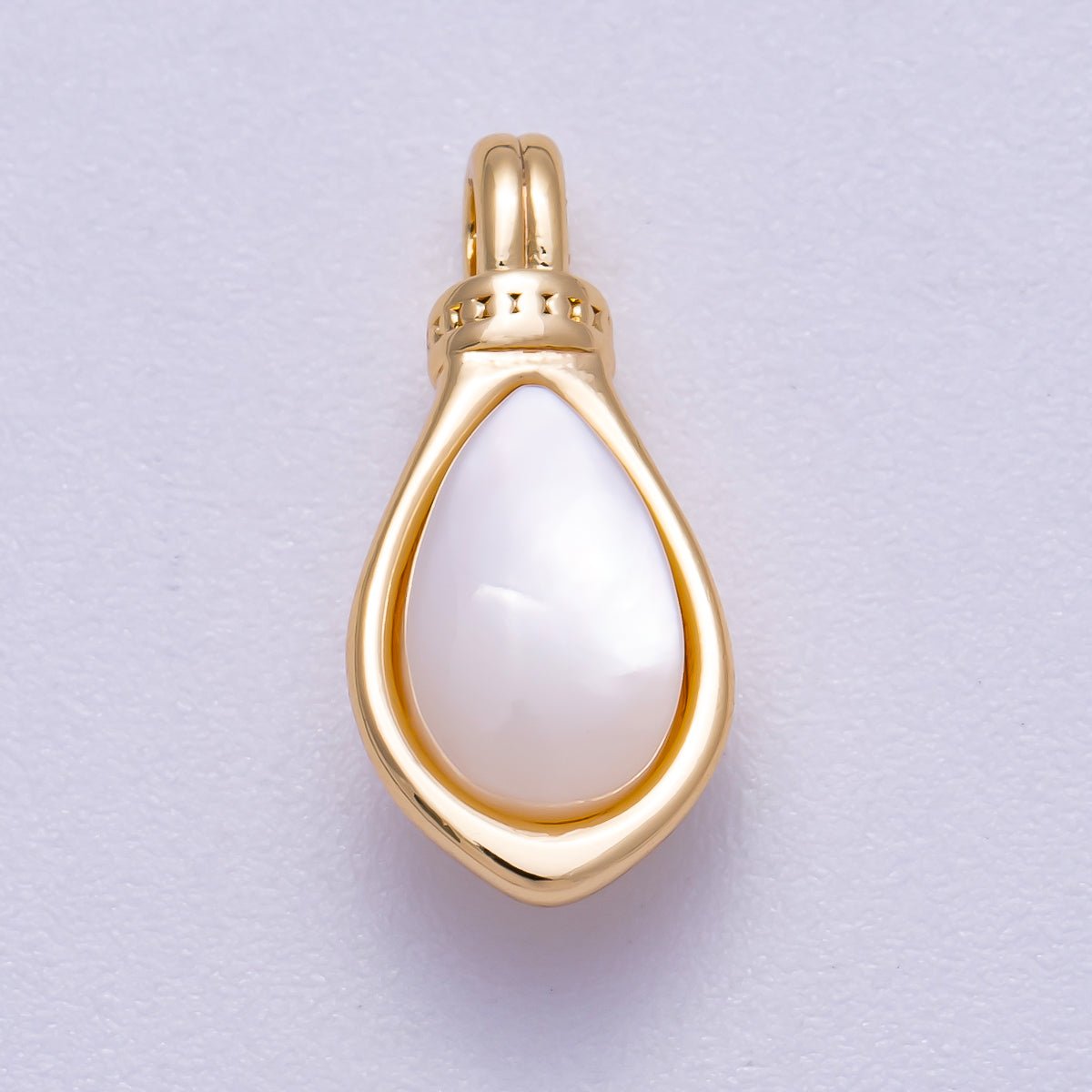16K Gold Filled 17mm White Shell Pearl Teardrop Bezel Charm Snake Pendant | Charms-00638