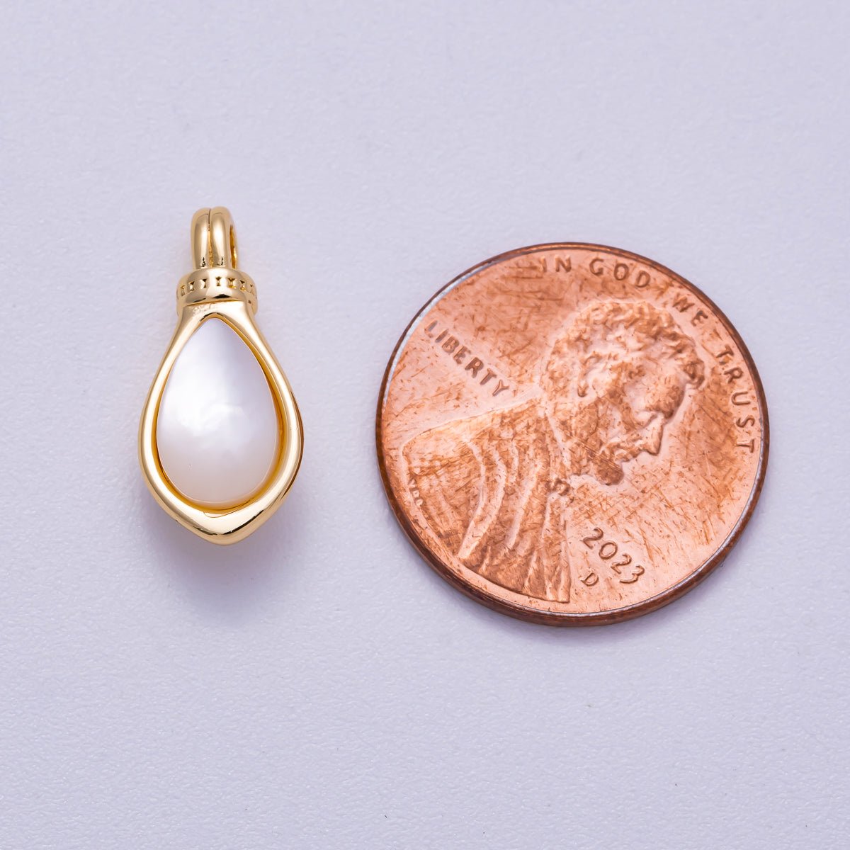 16K Gold Filled 17mm White Shell Pearl Teardrop Bezel Charm Snake Pendant | Charms-00638