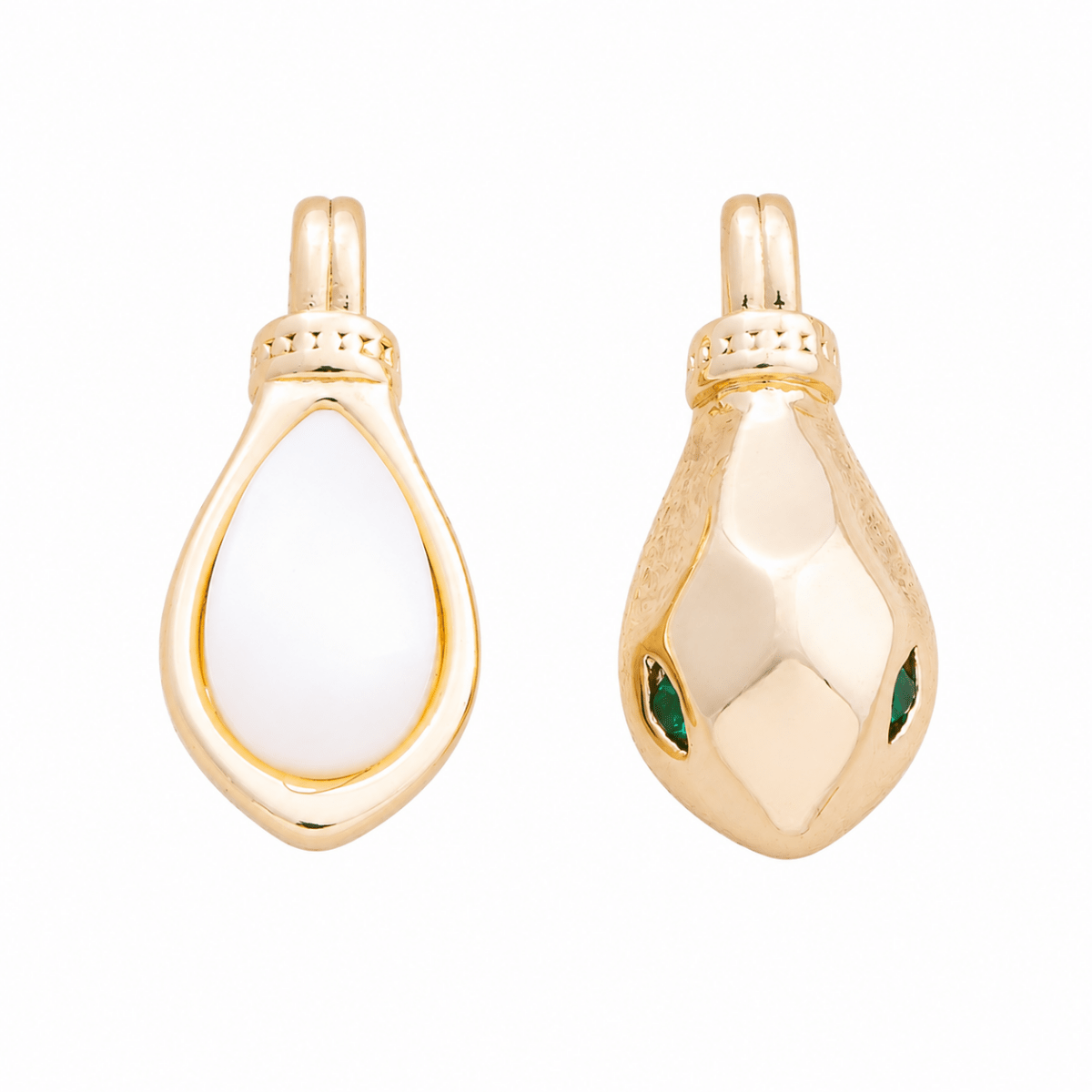 16K Gold Filled 17mm White Shell Pearl Teardrop Bezel Charm Snake Pendant | Charms-00638