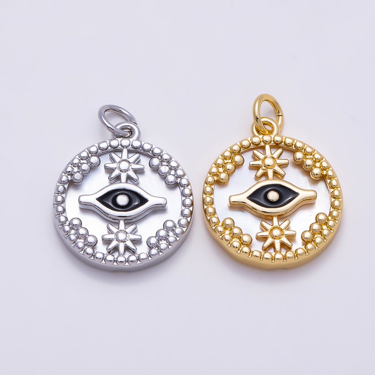 16K Gold Filled 18mm Black Evil Eye Star Shell Pearl Round Charm in Gold &amp; Silver | Charms-01353