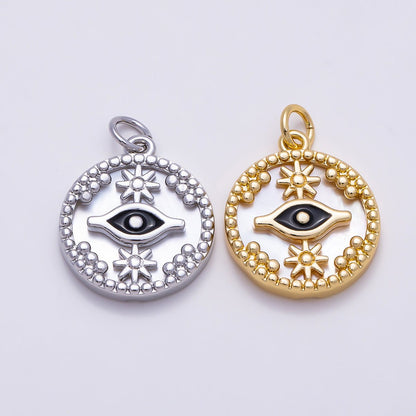 16K Gold Filled 18mm Black Evil Eye Star Shell Pearl Round Charm in Gold &amp; Silver | Charms-01353