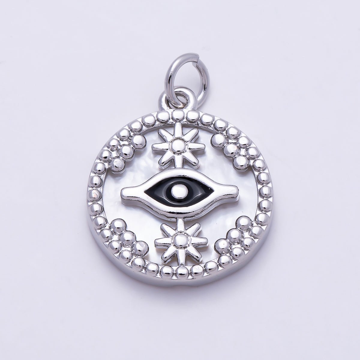 16K Gold Filled 18mm Black Evil Eye Star Shell Pearl Round Charm in Gold &amp; Silver | Charms-01353