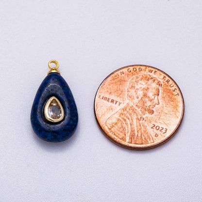 16K Gold Filled 18mm Clear CZ Embedded Blue Lapis Lazuli Teardrop Charm | Charms-00579