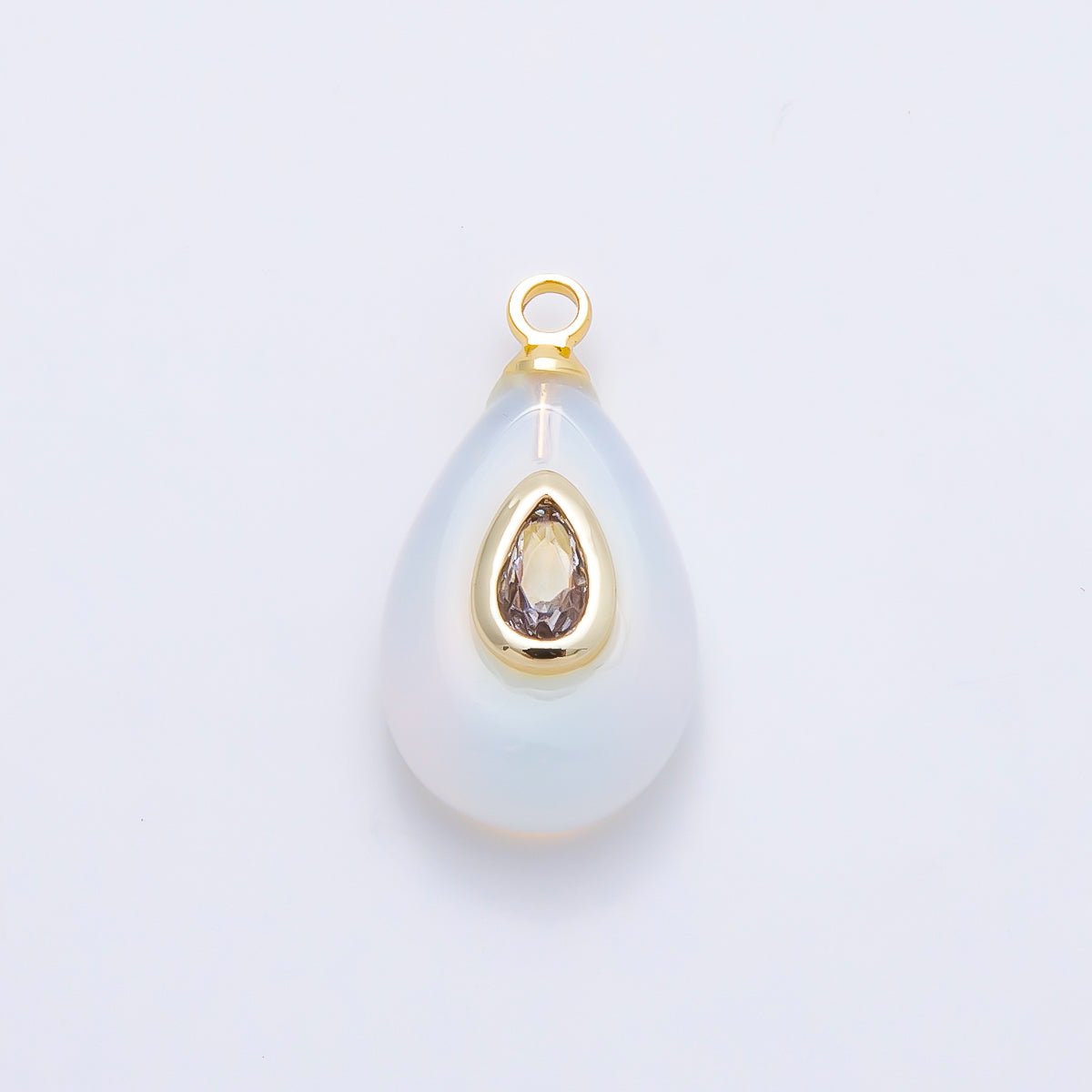 16K Gold Filled 18mm Clear CZ Embedded White Opal Gemstone Teardrop Charm | Charms-01203