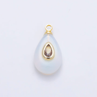 16K Gold Filled 18mm Clear CZ Embedded White Opal Gemstone Teardrop Charm | Charms-01203