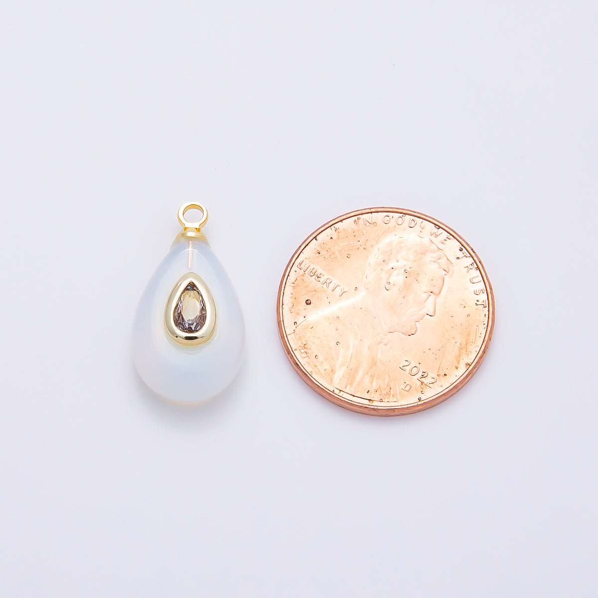 16K Gold Filled 18mm Clear CZ Embedded White Opal Gemstone Teardrop Charm | Charms-01203
