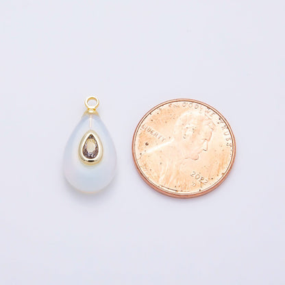 16K Gold Filled 18mm Clear CZ Embedded White Opal Gemstone Teardrop Charm | Charms-01203