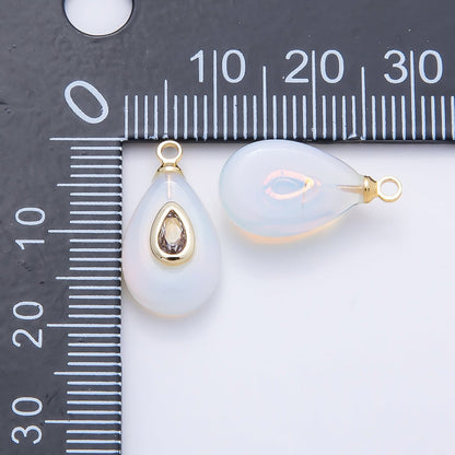 16K Gold Filled 18mm Clear CZ Embedded White Opal Gemstone Teardrop Charm | Charms-01203
