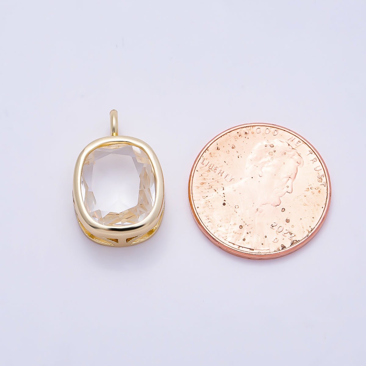 16K Gold Filled 18mm Clear CZ Rounded Oval Baguette Solitaire Bezel Pendant | Charms-01373