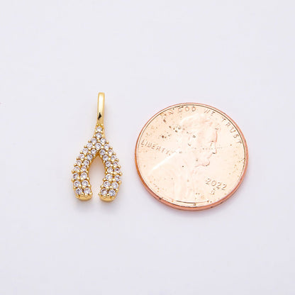 16K Gold Filled 18mm Clear Micro Paved CZ Wishbone Lucky Mini Pendant | Charms-00848